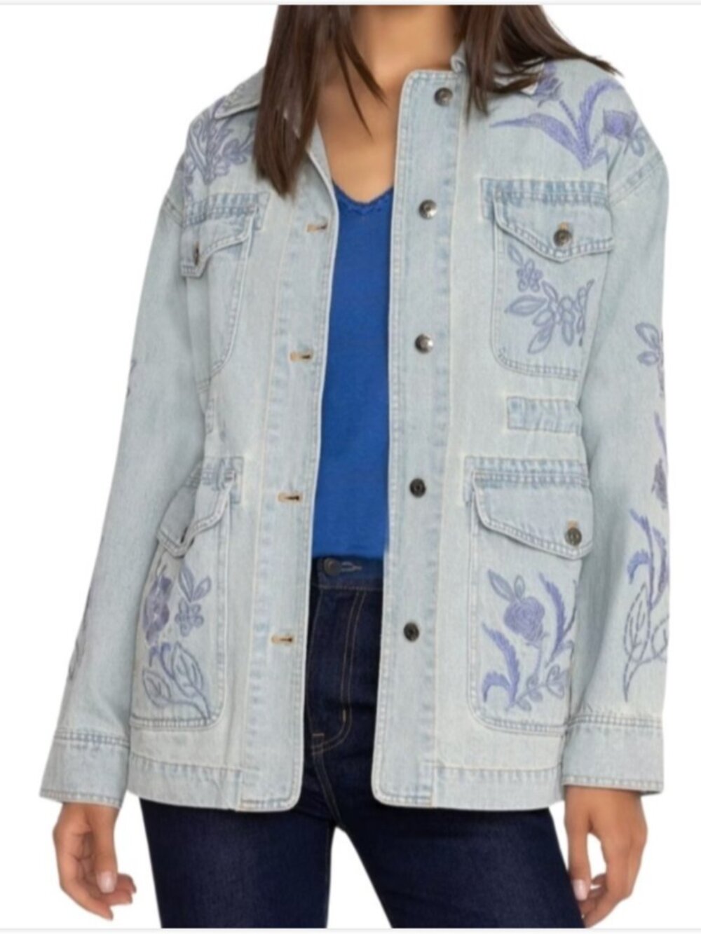 JOHNNY WAS Workshop Embroidered Floral Myra Cargo Denim Jacket